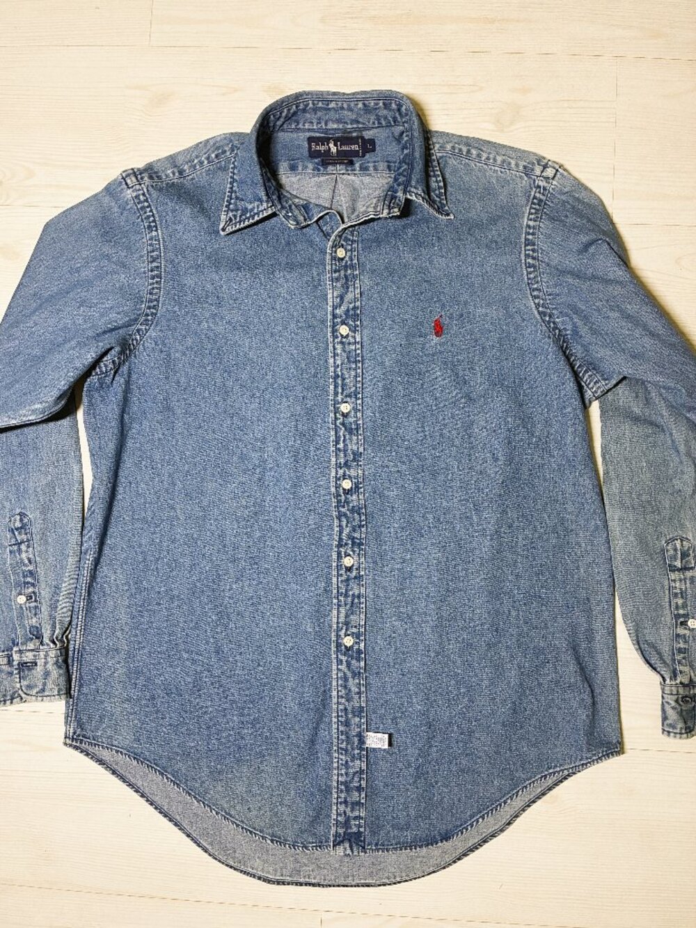Vintage 90's Polo Ralph Lauren Denim Button Down Shirt Men's Large Red Pony